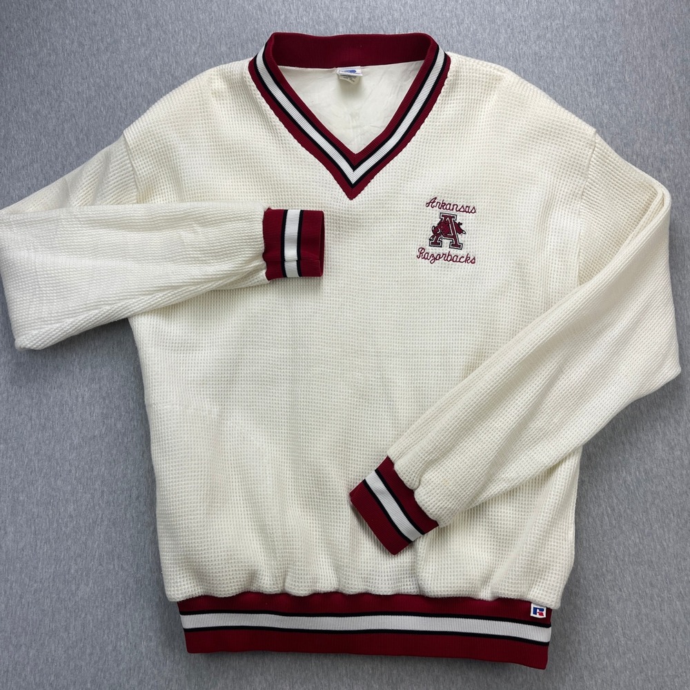 Vintage Arkansas Razorbacks Sweater Mens XL White Waffle V Russell Athletic USA